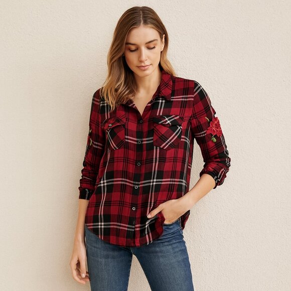 Guess Red Plaid Floral Embroidered Flannel Button Down Shirt Y2K Grunge Size M - Picture 1 of 7